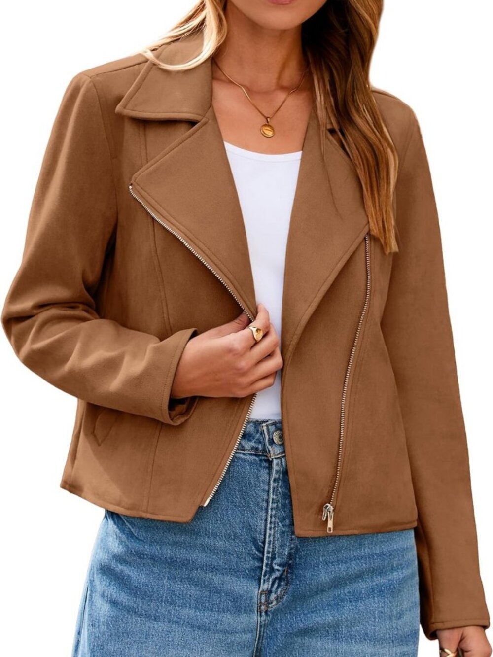 Chic Faux Suede Cropped Biker Jacket for Women - Long Sleeve Casual Fall/Winter